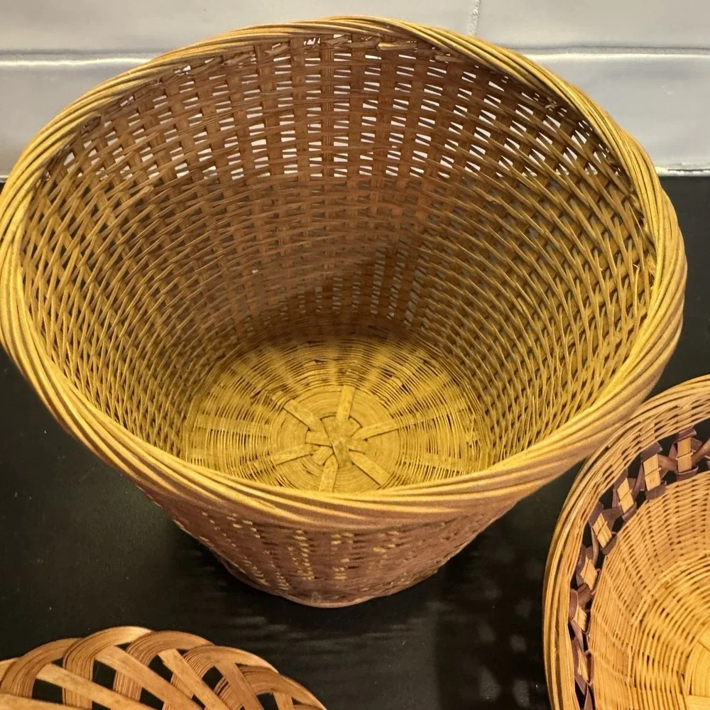 Three Vintage  Bamboo And Rattan Baskets Cottage Core Farmhouse Decor‎